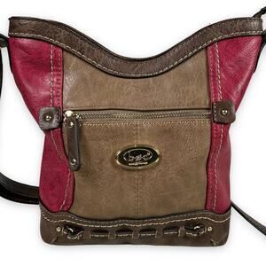 B.O.C. Cross Body Shoulder Bucket Bag Tote Purse Phone Charger Holder Red Brown